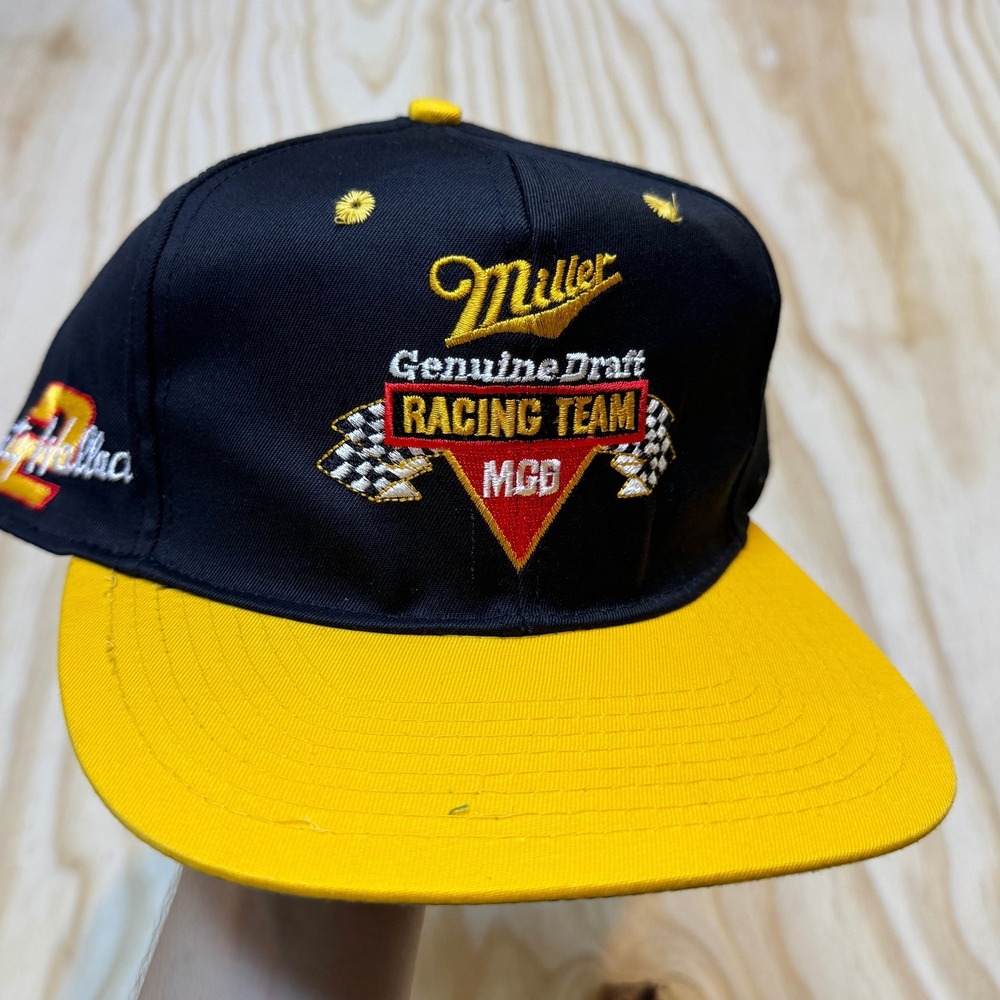 Miller Genuine Draft Racing Team Hat Mens Black Yellow Snapback Checkered Flag